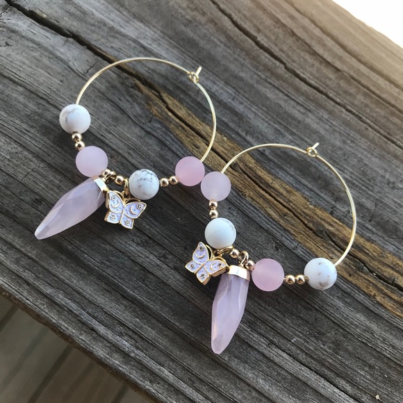 Rose Quartz White Turquoise Butterfly Hoop Earring - Picture 2 of 6